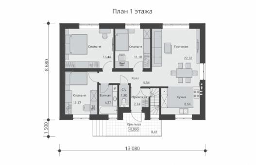 Одноэтажный дом с подвалом и тремя спальнями